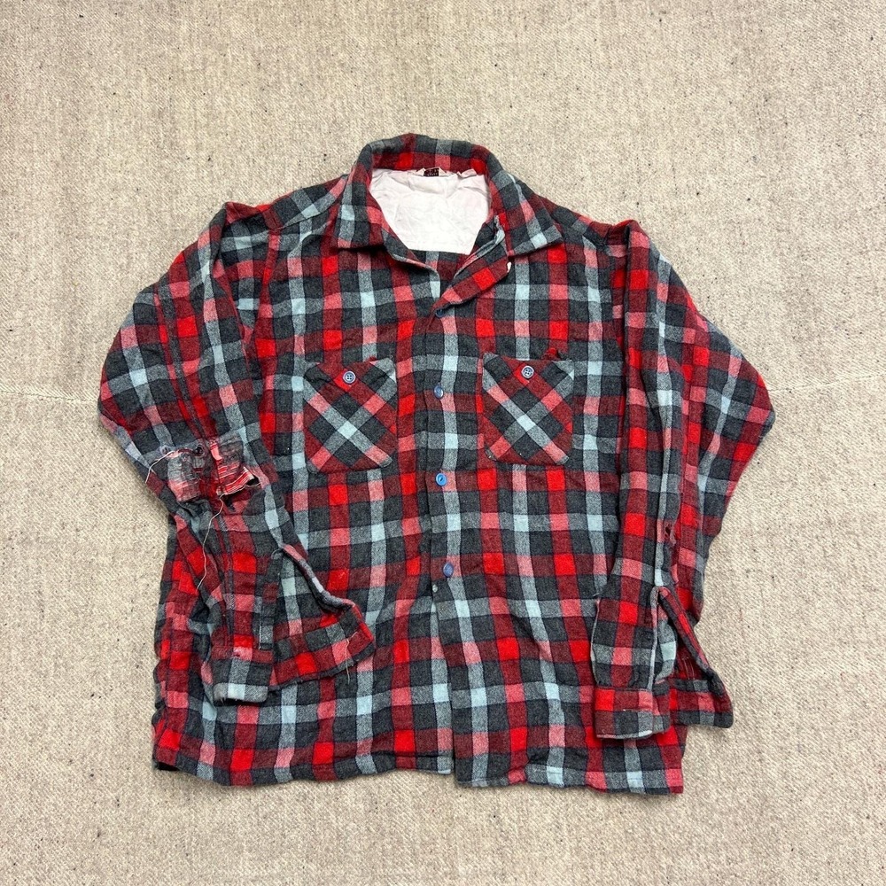 Vintage 1960s Plaid Button Up Shirt Mens Medium Red Wool‎ Distressed